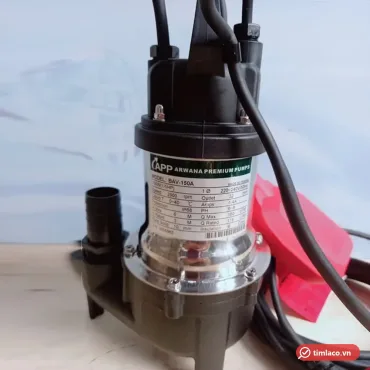 M&aacute;y bơm ch&igrave;m nước thải APP BAV-150A th&acirc;n inox, tem nh&atilde;n BAV-150A, phao nhựa đỏ b&ecirc;n cạnh