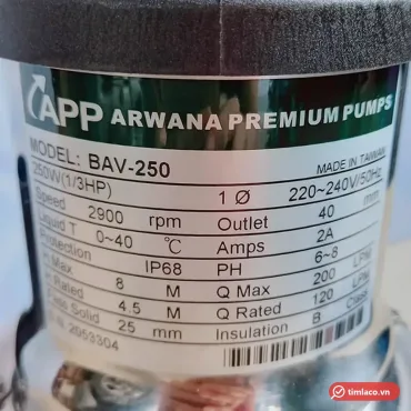 Tem nhãn máy bơm chìm APP BAV-250: 250W 1/3HP, 1 pha 220 – 240V, họng xả 40 mm, tối đa 8 m – 200 lít/phút, IP68