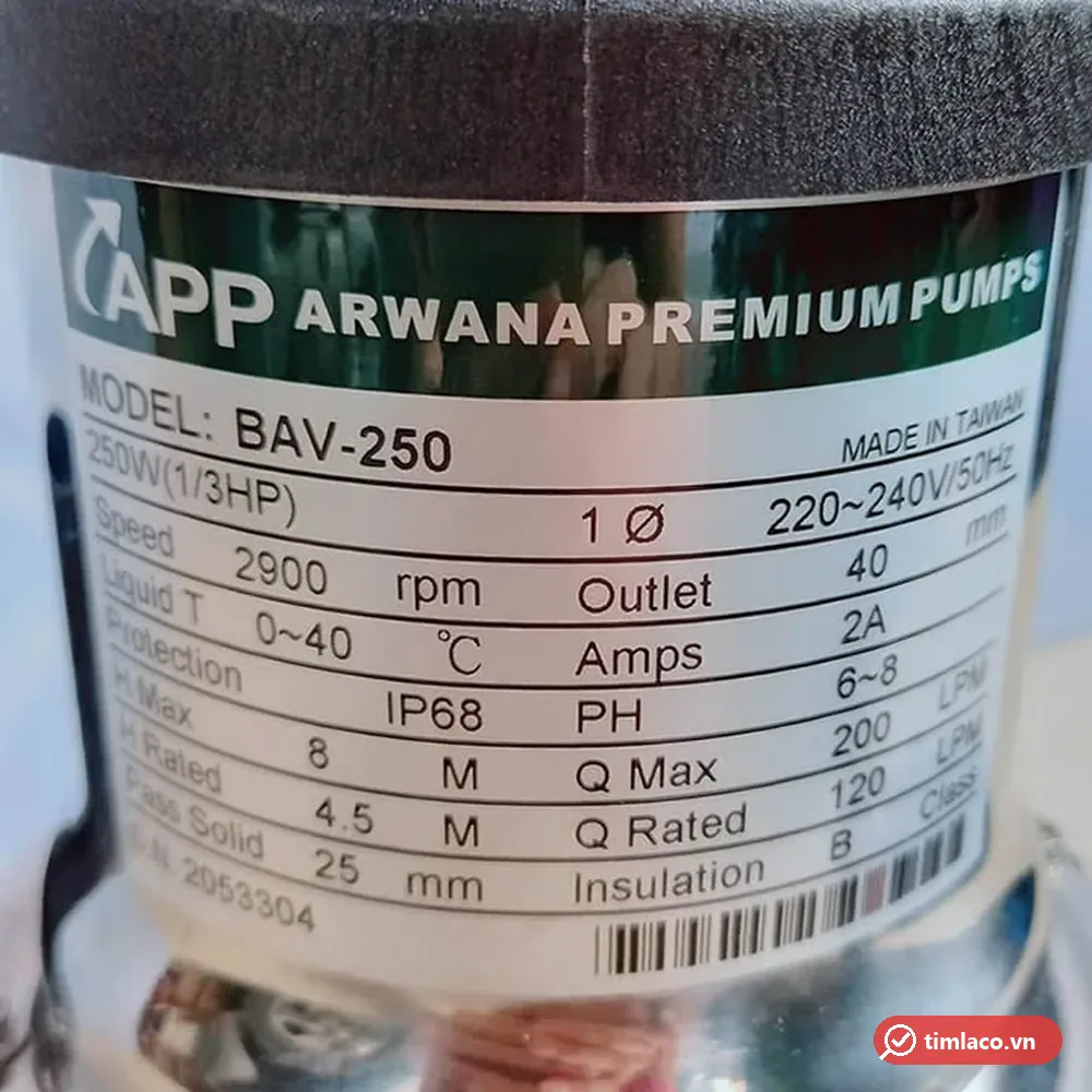 Tem nhãn máy bơm chìm APP BAV-250: 250W 1/3HP, 1 pha 220 – 240V, họng xả 40 mm, tối đa 8 m – 200 lít/phút, IP68