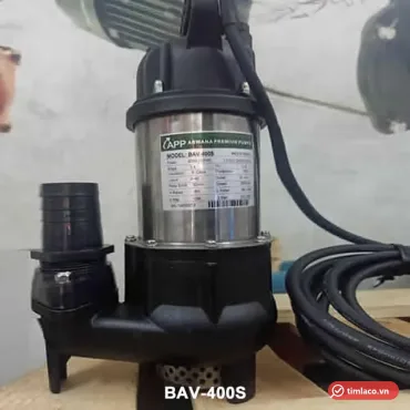 Máy bơm chìm nước thải APP BAV-400S thân inox, đế nhựa đen, họng xả đuôi chuột