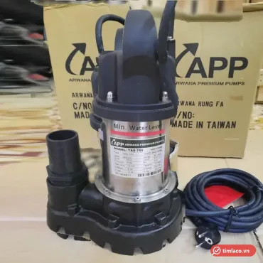 Máy bơm chìm nước thải APP TAS-750 1HP, thân inox có vạch Min. Water Level, đế gang, kèm dây điện