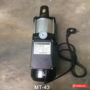 Máy bơm đa tầng cánh APP MT-43 1HP, buồng bơm inox, nhãn MODEL MT-43 trên hộp điện