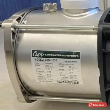 Máy bơm đa tầng cánh inox APP MTS-163T 3HP 380V, buồng bơm inox có dán nhãn thông số MTS-163T