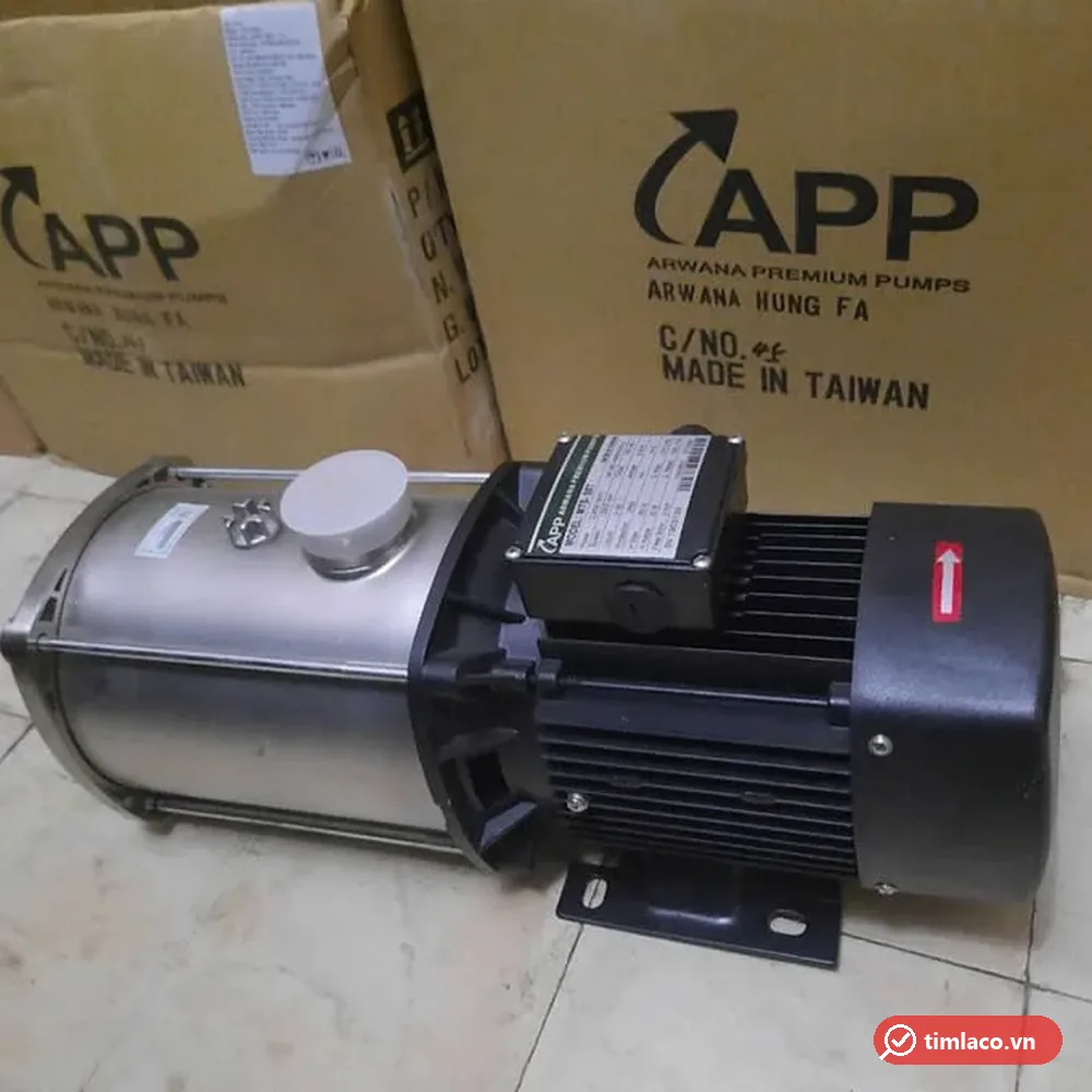 Máy bơm đa tầng cánh inox APP dòng MTS, buồng bơm inox nằm ngang, hộp điện trên động cơ (ảnh minh hoạ dòng hàng)