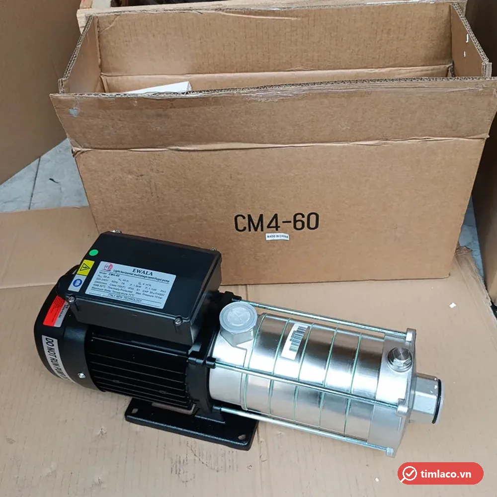 Máy bơm trục ngang đa tầng cánh Ewala CM4-60, thân inox nhiều tầng cánh, trước thùng in mã CM4-60