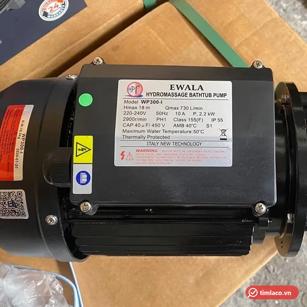 Động cơ máy bơm Ewala WP300-I với tem nhãn Hmax 18 m, Qmax 730 L/min, 2,2 kW, 220-240V