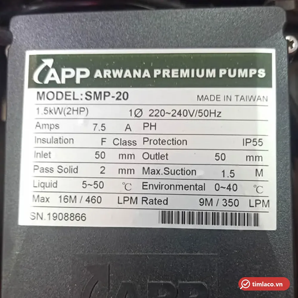 Tem nhãn máy bơm APP SMP-20: 1,5 kW 2HP, 1 pha 220 – 240V, họng 50 mm, tối đa 16 m – 460 lít/phút
