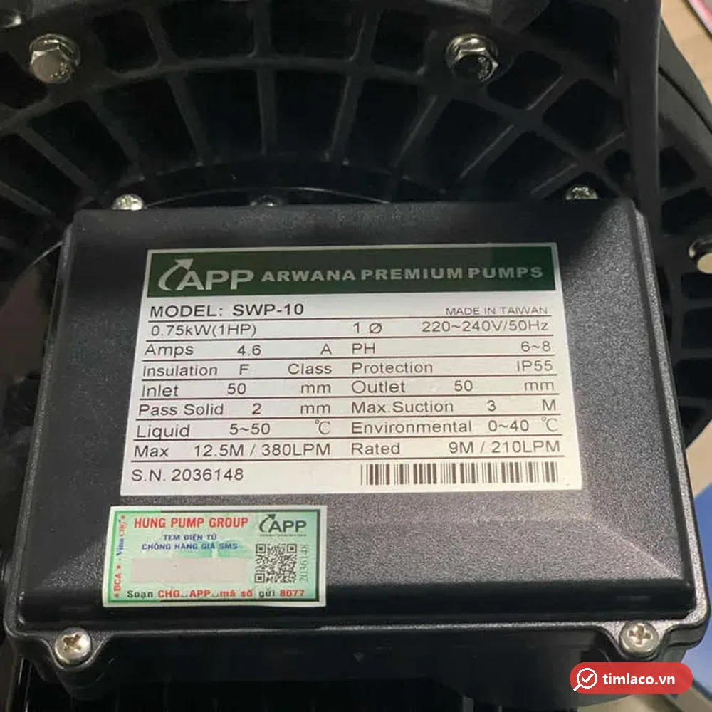 Tem nhãn máy bơm APP SWP-10: 0,75 kW 1HP, 1 pha 220 – 240V, họng 50 mm, tối đa 12,5 m – 380 lít/phút