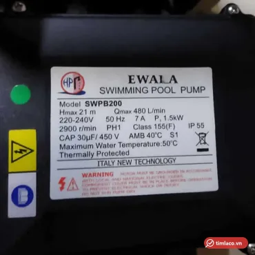 Tem nhãn máy bơm hồ bơi Ewala SWPB200: Hmax 21 m, Qmax 480 L/min, 1,5 kW, 220-240V