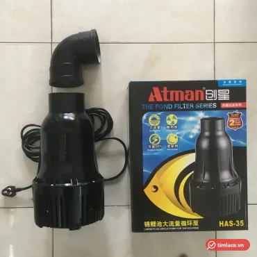 Máy bơm hồ cá Koi Atman HAS-35 kèm co nối cửa ra, đặt cạnh hộp ghi HAS-35