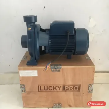 Máy bơm Lucky Pro XGm/5AM 2HP họng 60 đặt trên thùng gỗ Lucky Pro có nhãn mã XGm/5AM
