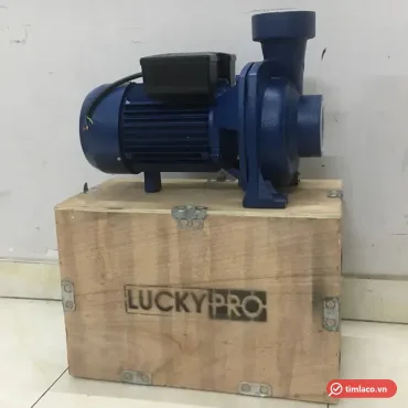 Máy bơm ly tâm Lucky Pro hộp điện đen đặt trên thùng gỗ in chữ Lucky Pro (ảnh minh hoạ dòng hàng)