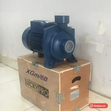 Máy bơm ly tâm Lucky Pro sơn xanh đặt trên thùng gỗ in chữ Lucky Pro (ảnh minh hoạ dòng hàng)