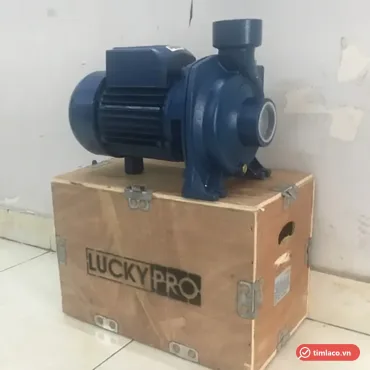Máy bơm ly tâm Lucky Pro sơn xanh đặt trên thùng gỗ in chữ Lucky Pro (ảnh minh hoạ dòng hàng)