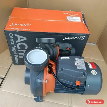 Máy bơm ly tâm đầu gang Lepono dòng ACm màu xám cam đặt trước hộp hãng (ảnh minh hoạ dòng hàng)