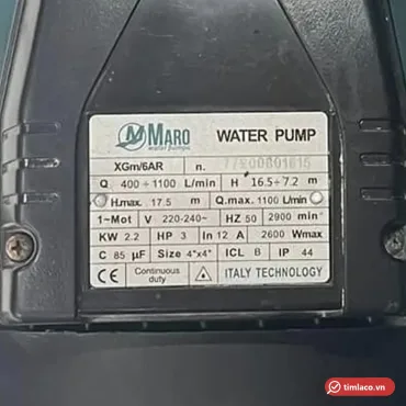 Tem nhãn hãng Maro trên máy bơm XGm/6AR 2,2 kW 3HP, điện 220–240V, cỡ 4" x 4"
