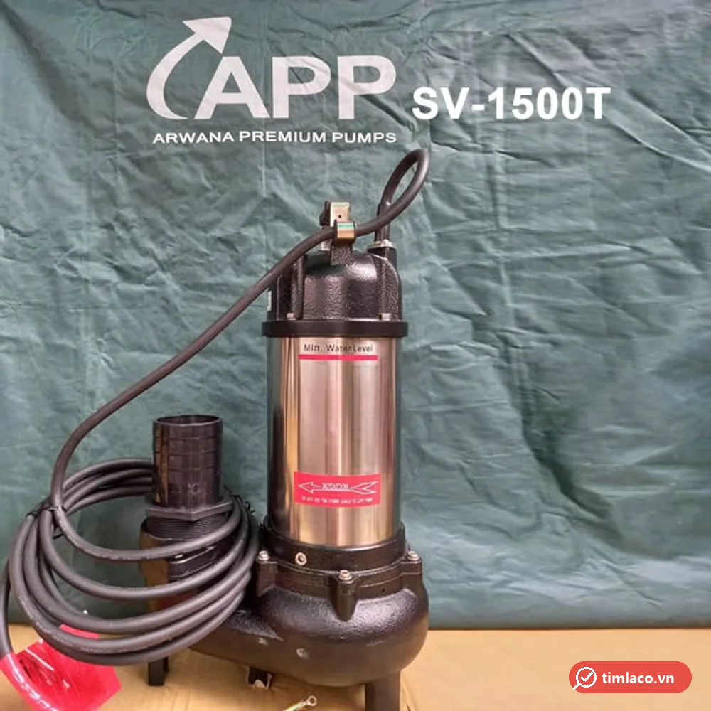 Máy bơm nước thải APP SV-1500T bản 3 pha, thân inox, buồng bơm gang và đầu nối ống xả