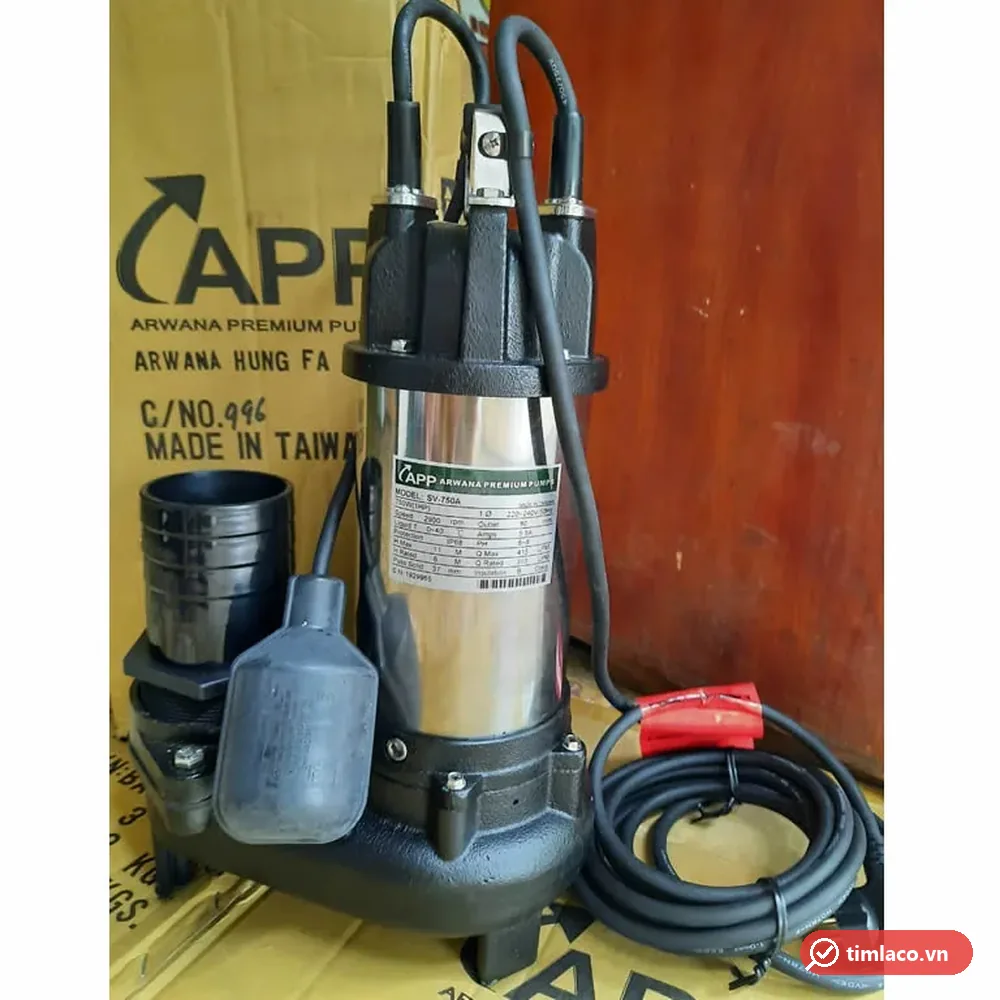 Máy bơm nước thải APP SV-750A có phao, thân inox mang tem SV-750A, buồng bơm gang và đầu nối ống xả