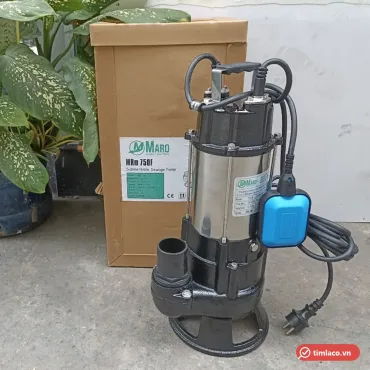 Máy bơm chìm nước thải Maro MRm750F thân inox, kèm phao điện xanh, bên cạnh thùng hàng in MRm 750F