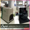 Máy bơm tăng áp APP HOME-200 với vỏ chụp xám xanh và đầu bơm bên trong, kèm nhãn MODEL HOME-200