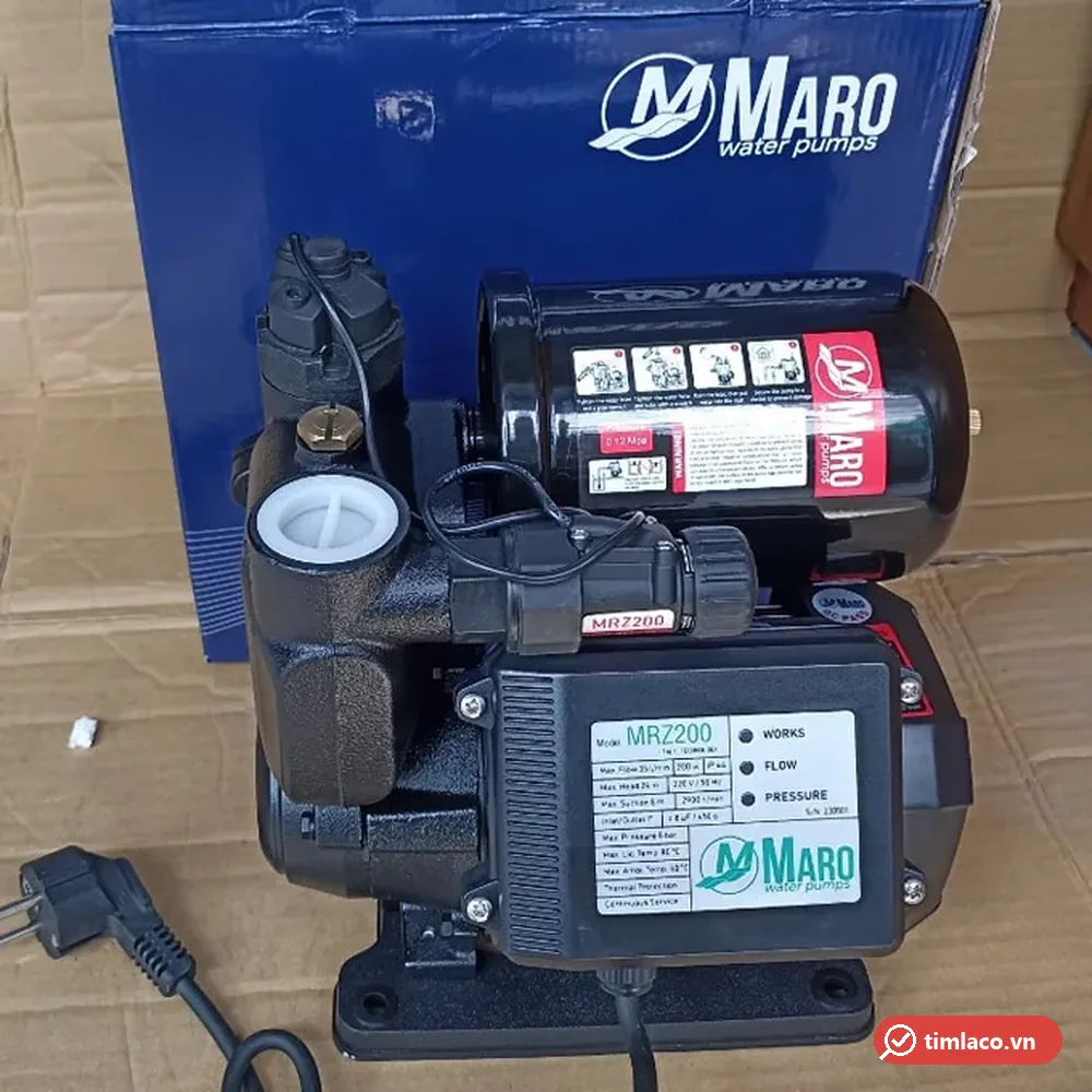Máy bơm tăng áp điện tử Maro MRZ200 200W có bình áp, hộp điều khiển ghi MRZ200, đặt trước thùng Maro