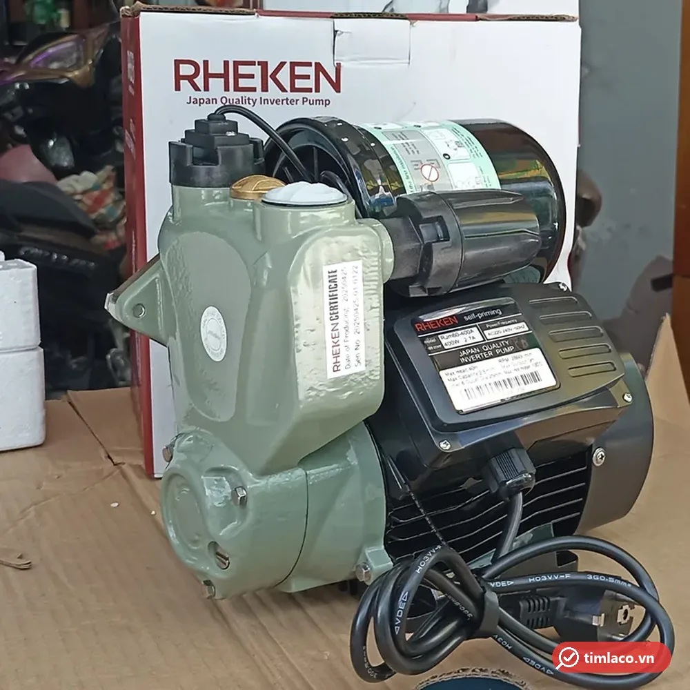 Máy bơm tăng áp điện tử Rheken RJm60-400A, tem 400W 2,7A trên hộp điện, dây nguồn kèm theo