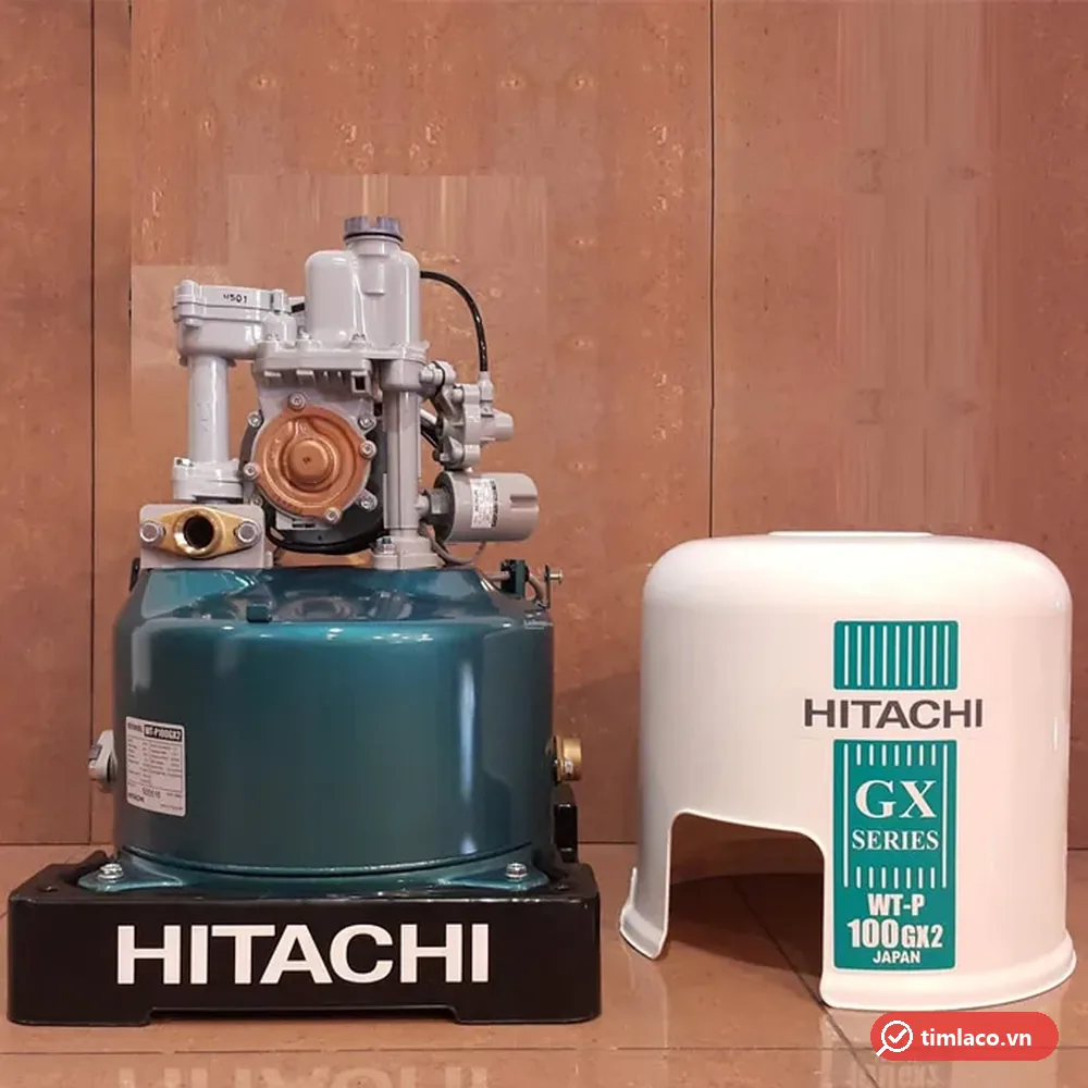 Máy bơm tăng áp tự động Hitachi WT-P100GX2 100W mở nắp, bên cạnh nắp máy ghi WT-P 100GX2