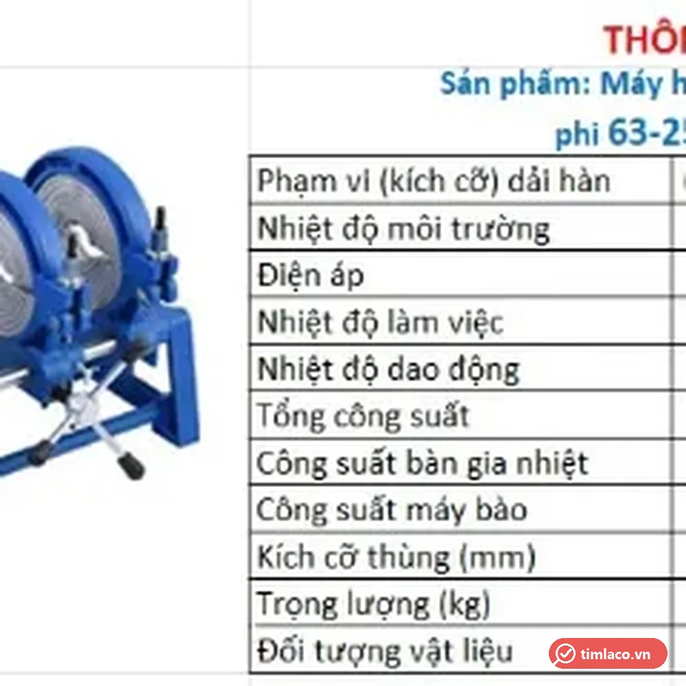 Bảng thông số kỹ thuật máy hàn ống nhựa HDPE cơ tay quay 4 gông phi 63-250 mm
