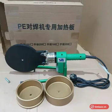 Máy hàn ống PPR cầm tay Dajing phi 160 với bàn nhiệt tròn và cặp khuôn hàn âm dương, trước thùng hàng đánh dấu cỡ 160