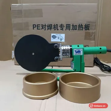 Máy hàn ống PPR cầm tay thân xanh, mặt gia nhiệt tròn đen và hai khuôn hàn âm dương (ảnh minh hoạ dòng hàng)