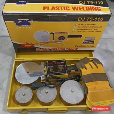 Máy hàn ống PPR Dajing DJ 75-110 trong hộp sắt mở nắp, kèm ba đầu hàn và găng tay, hộp giấy in 2000W phía sau