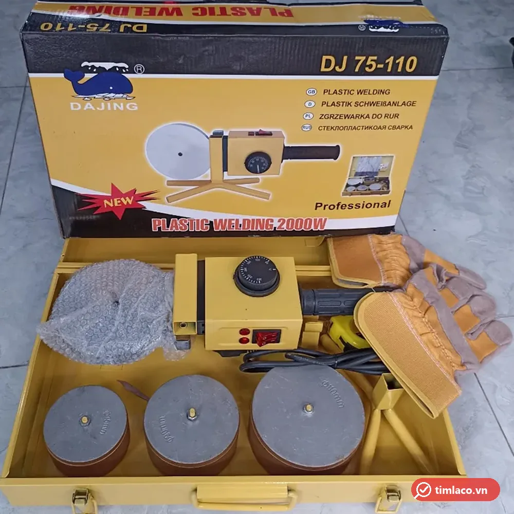 Thân máy hàn Dajing DJ 75-110 có núm chỉnh nhiệt độ, ba đầu hàn, chân đế và găng tay trong hộp sắt