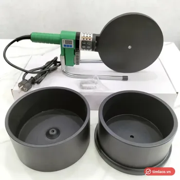 Máy hàn ống nhiệt PPR phi 200 thân xanh, bàn nhiệt tròn và cặp khuôn hàn âm dương đặt phía trước (ảnh minh hoạ dòng hàng)