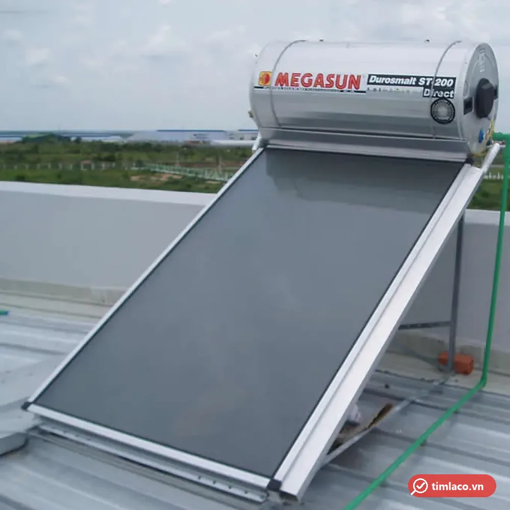 Máy nước nóng năng lượng mặt trời Megasun Durosmalt ST-200 tấm phẳng lắp trên mái tôn, nhãn ST 200 Direct trên bình