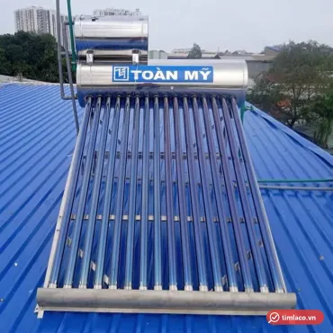 Máy nước nóng năng lượng mặt trời Toàn Mỹ 160 lít 16 ống lắp trên mái tôn, nhãn Toàn Mỹ trên bình