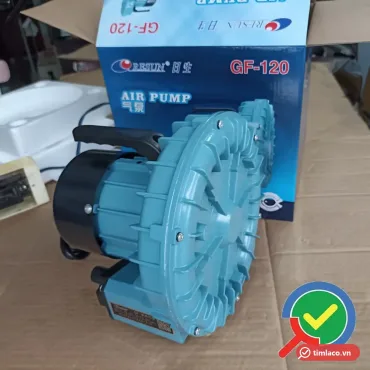 Máy thổi khí con sò Resun GF-120 màu xanh có tay cầm, đặt trước hộp Resun ghi GF-120