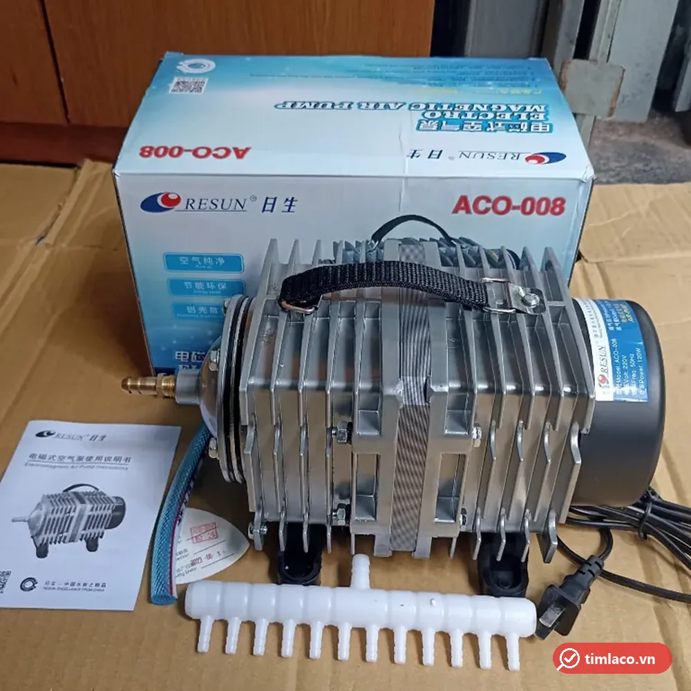 Máy thổi oxy Resun ACO-008 nhìn ngang, kèm sách hướng dẫn, ống mềm và bộ chia khí