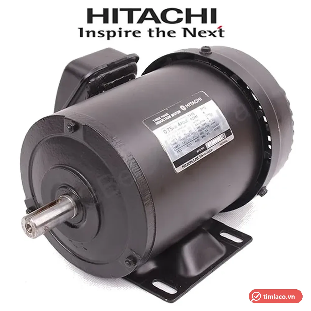 Motor điện 3 pha Hitachi vỏ thép màu đen có chân đế, tem hãng trên thân ghi 0,75 kW 4 cực (ảnh minh hoạ dòng hàng)