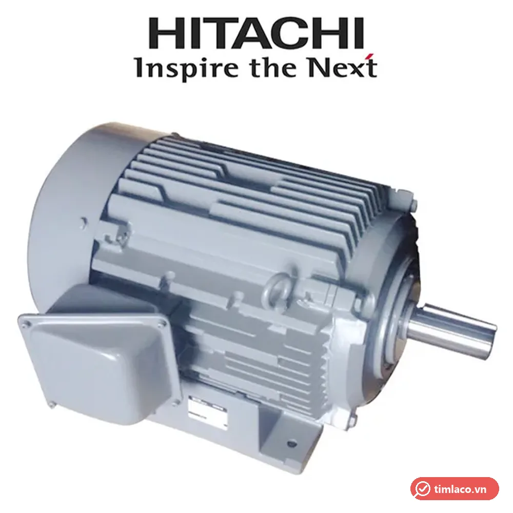 Motor điện 3 pha Hitachi vỏ nhôm hợp kim có cánh tản nhiệt và chân đế, nhìn từ phía đầu trục (ảnh minh hoạ dòng hàng)