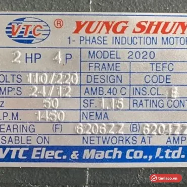 Tem nh&atilde;n h&atilde;ng VTC Yung Shun tr&ecirc;n th&acirc;n motor 2HP 4P: 110/220V, 24/12 A, 50Hz, 1450 v&ograve;ng/ph&uacute;t