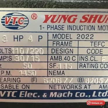 Tem nh&atilde;n h&atilde;ng VTC Yung Shun tr&ecirc;n th&acirc;n motor 3HP 4P: 110/220V, 30/15 A, 50Hz, 1450 v&ograve;ng/ph&uacute;t