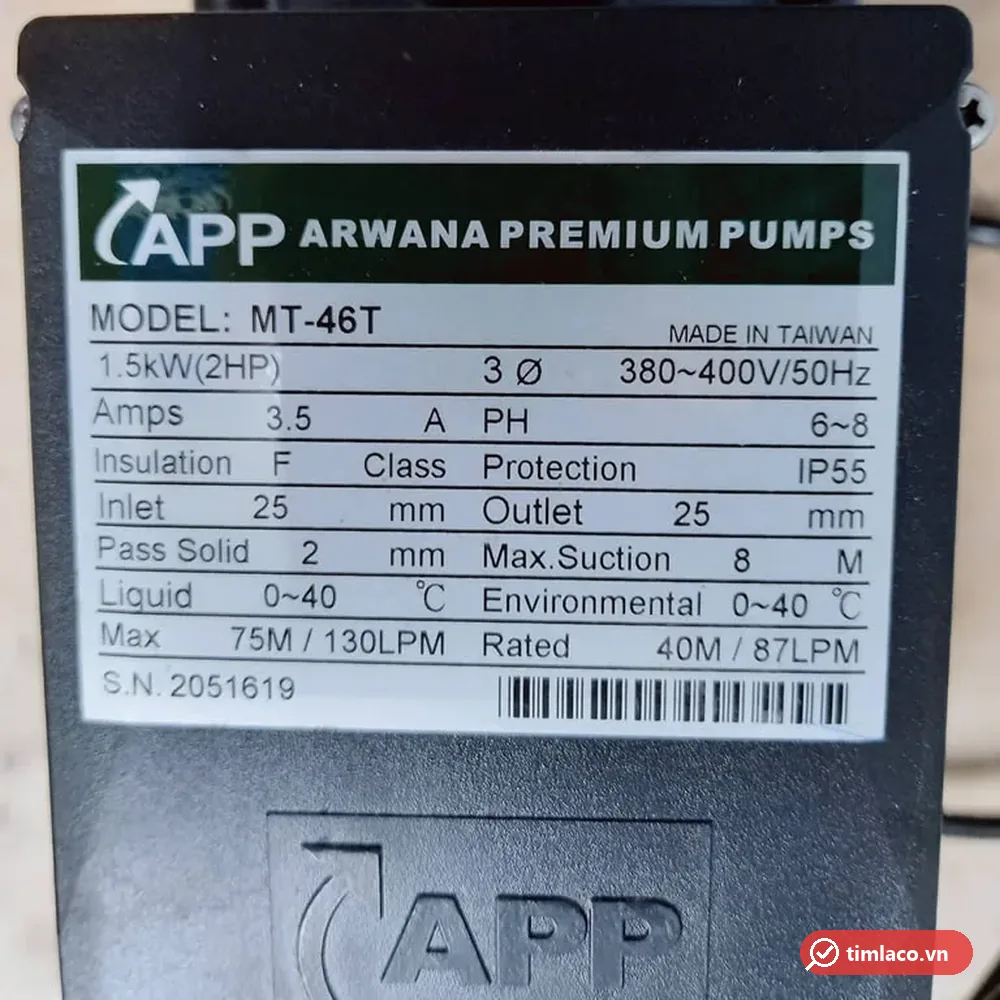 Nhãn thông số máy bơm APP MT-46T: 1,5 kW 2HP, 3 pha 380-400V, cột áp tối đa 75 m, 130 lít/phút