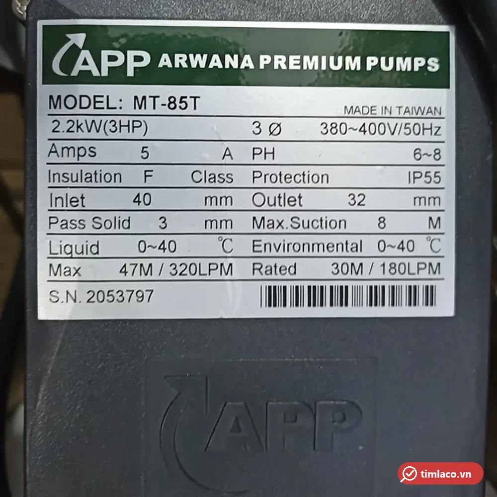 Nhãn thông số máy bơm APP MT-85T: 2,2 kW 3HP, 3 pha 380-400V, cột áp tối đa 47 m, 320 lít/phút