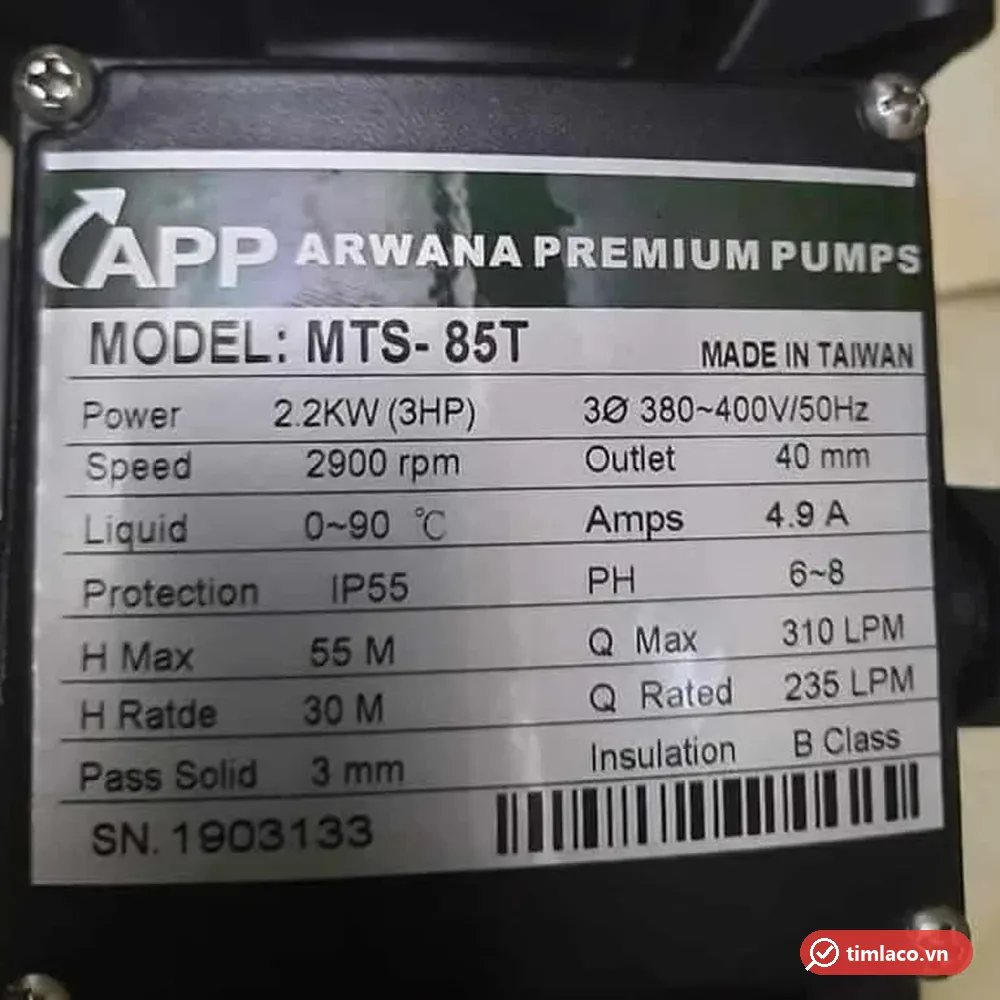 Nhãn thông số máy bơm APP MTS-85T: 2,2 kW 3HP, 3 pha 380-400V, cột áp tối đa 55 m, 310 lít/phút