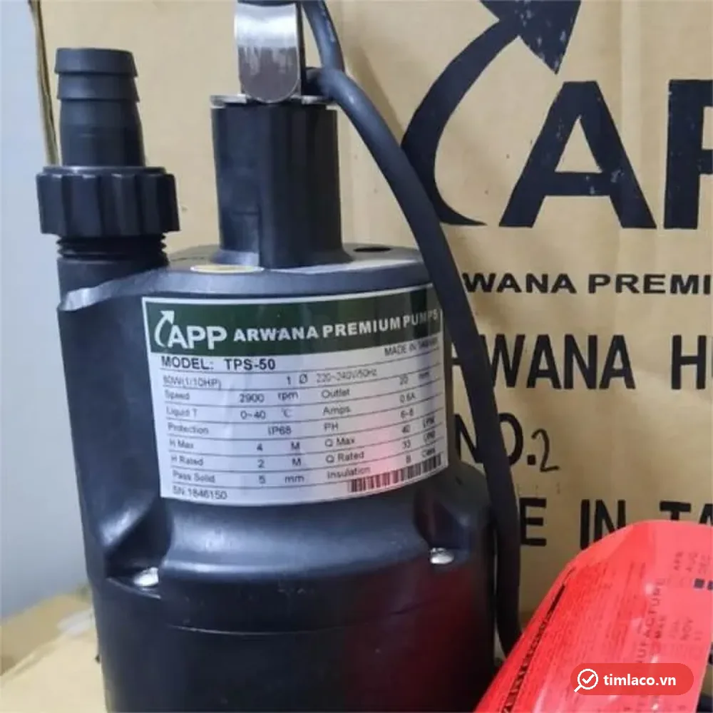 Nhãn thông số máy bơm chìm APP TPS-50: 80W 1/10HP, 220-240V, cột áp tối đa 4 m, 40 lít/phút