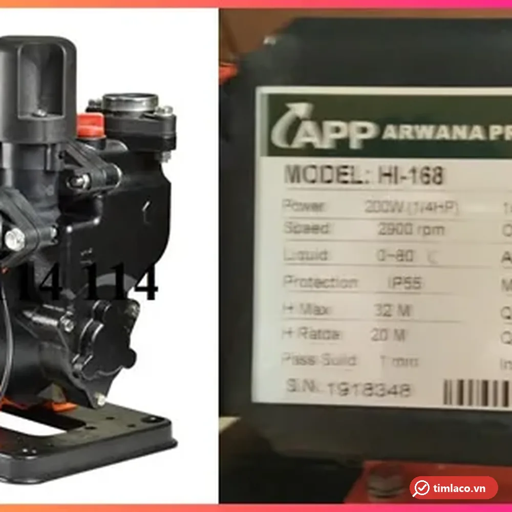 Máy bơm tăng áp APP HI-168 và tem nhãn ghi 200W (1/4HP), 220–240V, nước 0–80°C, cột áp tối đa 32 m