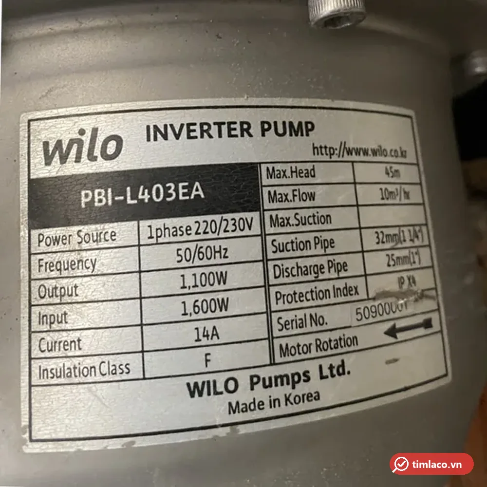 Tem nhãn máy bơm biến tần Wilo PBI-L403EA ghi cột áp 45 m, lưu lượng 10 m³/h, 1.100W