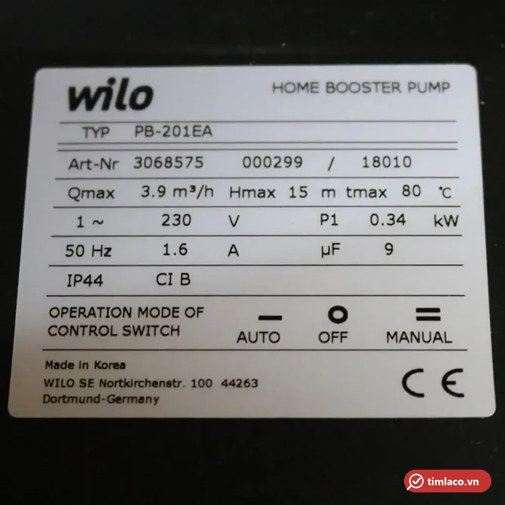 Tem nhãn máy bơm Wilo PB-201EA ghi Qmax 3,9 m³/h, Hmax 15 m, P1 0,34 kW
