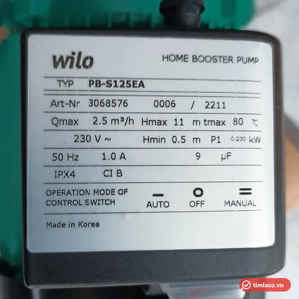 Tem nhãn máy bơm Wilo PB-S125EA ghi Qmax 2,5 m³/h, Hmax 11 m, P1 0,23 kW
