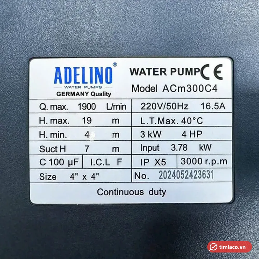 Tem nhãn máy bơm Adelino ACm300C4: 3 kW 4HP, 220V, lưu lượng tối đa 1900 lít/phút, cột áp tối đa 19 m